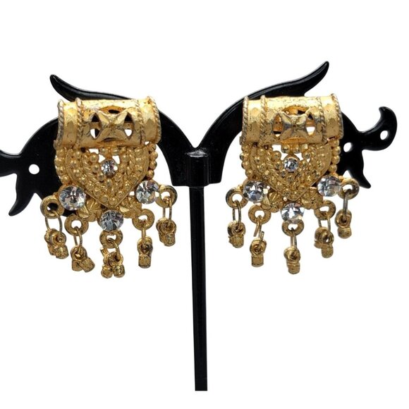 Vintage Dangling Rhinestones Earrings Ornate Detailing Gold-Tone Pierced Ears - Picture 1 of 11